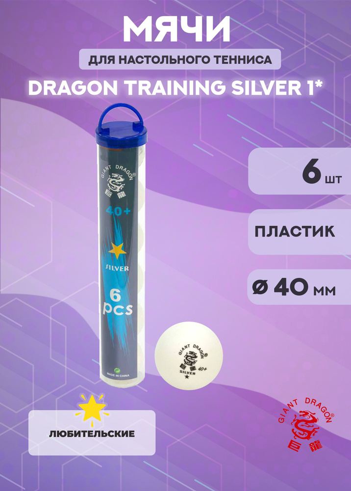 Мячи для настольного тенниса Dragon Training Silver 1* (6 шт., белые) в тубусе  #1