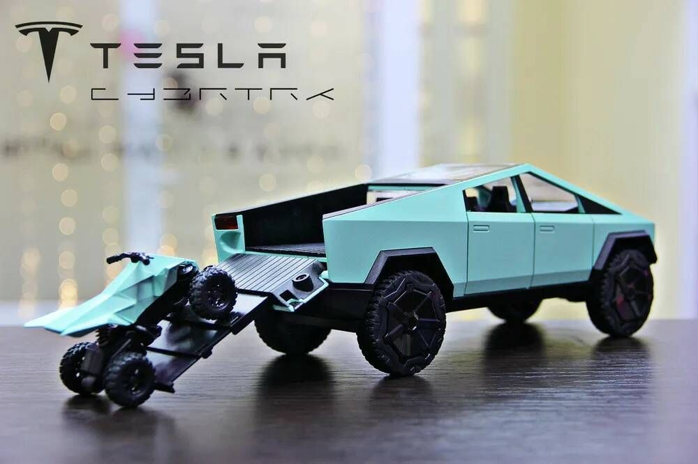 Металлическая коллекционная модель Tesla Cybertruck Pickup с квадроциклом свет звук 23 см. 1:24 Цвет: #1