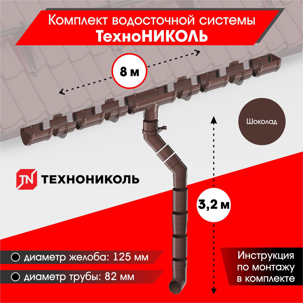 Комплект водосточной системы ТехноНИКОЛЬ для ската 8м, Шоколад (RAL 8017)  #1