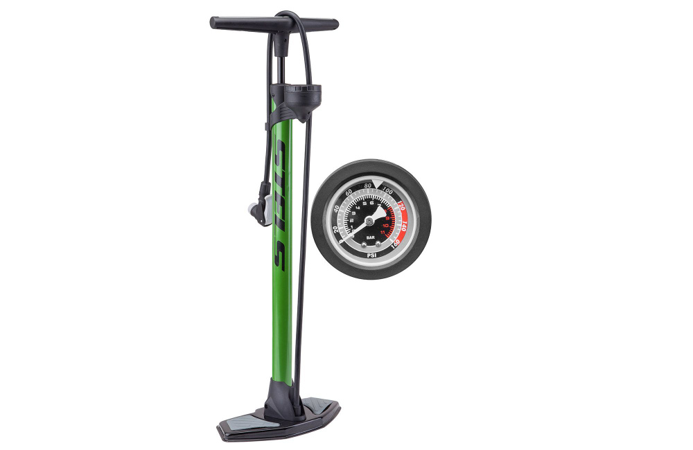 Насос для велосипеда напольный ручной STELS P32B-06 стальной с манометром зеленый (item:020)  #1