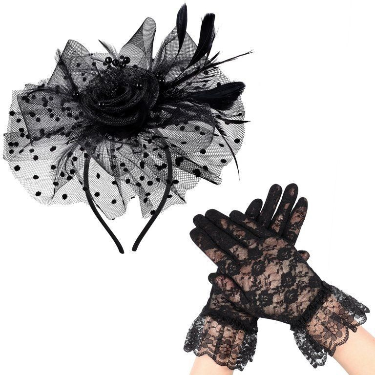 Шляпка с вуалью на ободке и кружевные перчатки, черный. #1