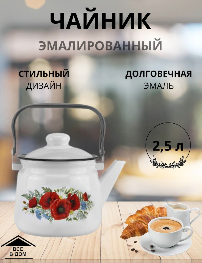 Чайник эмалированный для плиты с крышкой 2,5л. Маки-М МАГНИТОГОРСК  #1