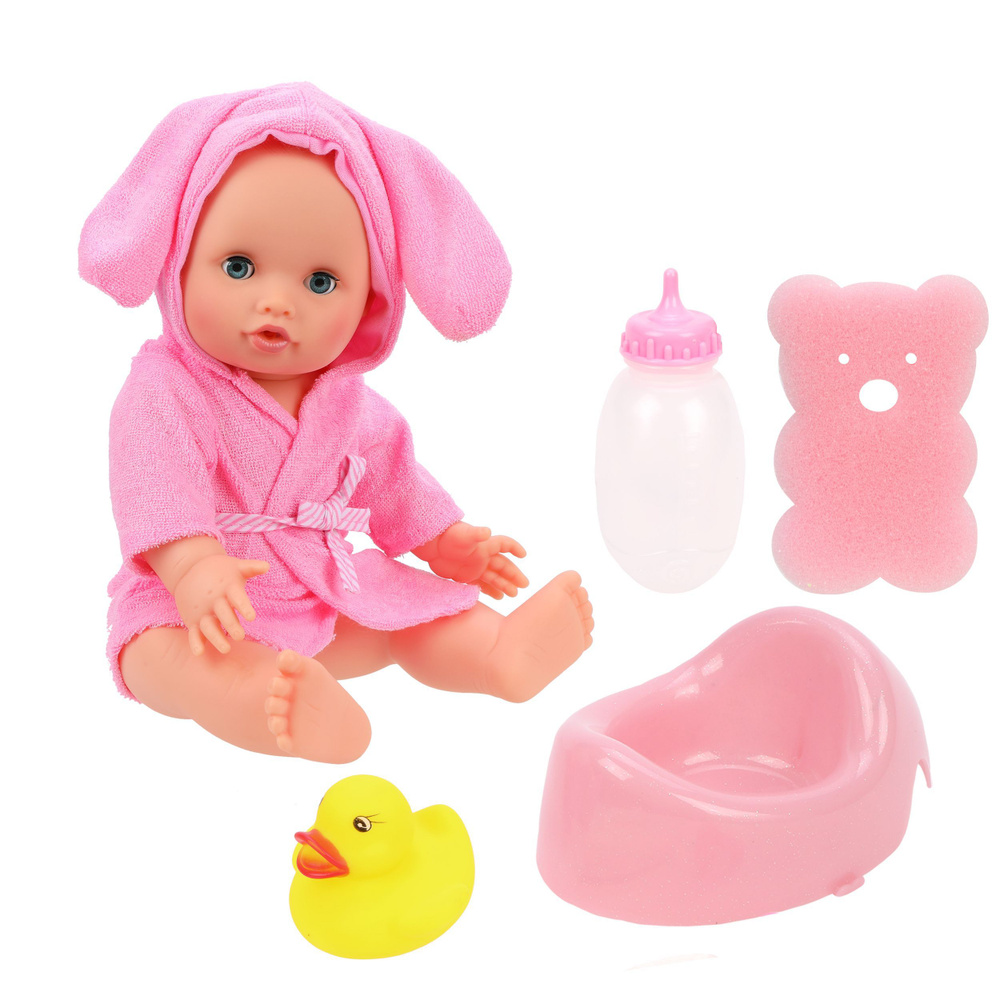 Кукла пупс с аксессуарами: бутылочка, губка и игрушка-уточка для купания  #1