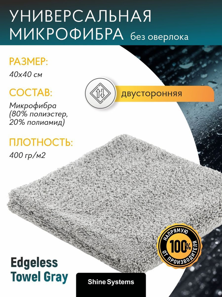 Микрофибра без оверлока Shine Systems Edgeless Towel Gray, 40*40см, 400гр/м2 СЕРАЯ  #1