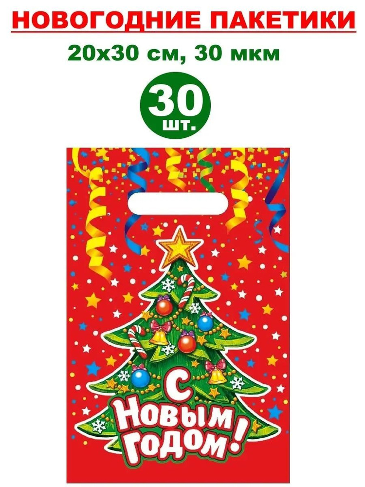 Пакетики подарочные новогодние маленькие детские 30 шт., 20 х 30 см, 30 мкм  #1