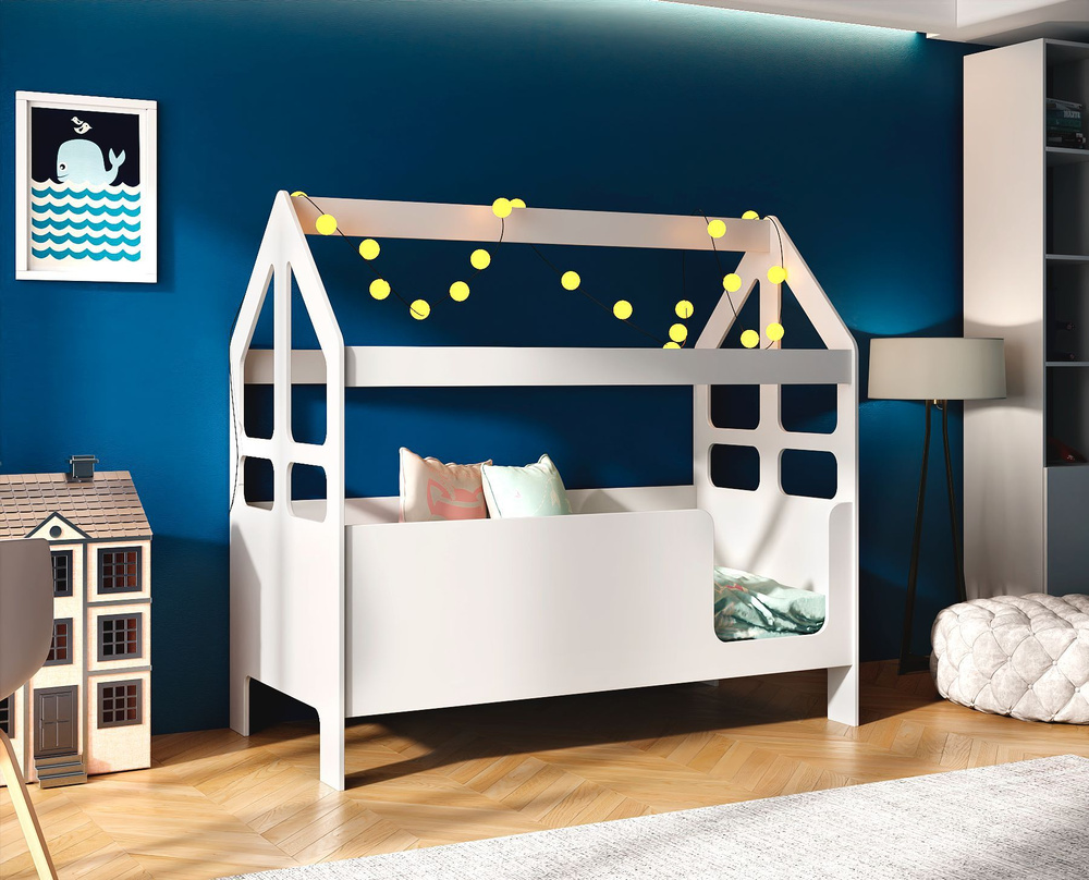 Кровать-домик детская СПИТ САМ с бортиком под матрас 160х80, БазисВуд, вход справа, цвет белый  #1
