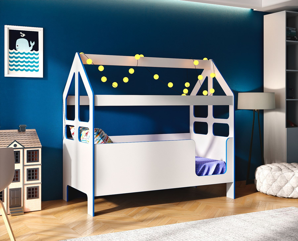 Кровать-домик детская СПИТ САМ с бортиком под матрас 160х80, БазисВуд, вход справа, цвет синий  #1