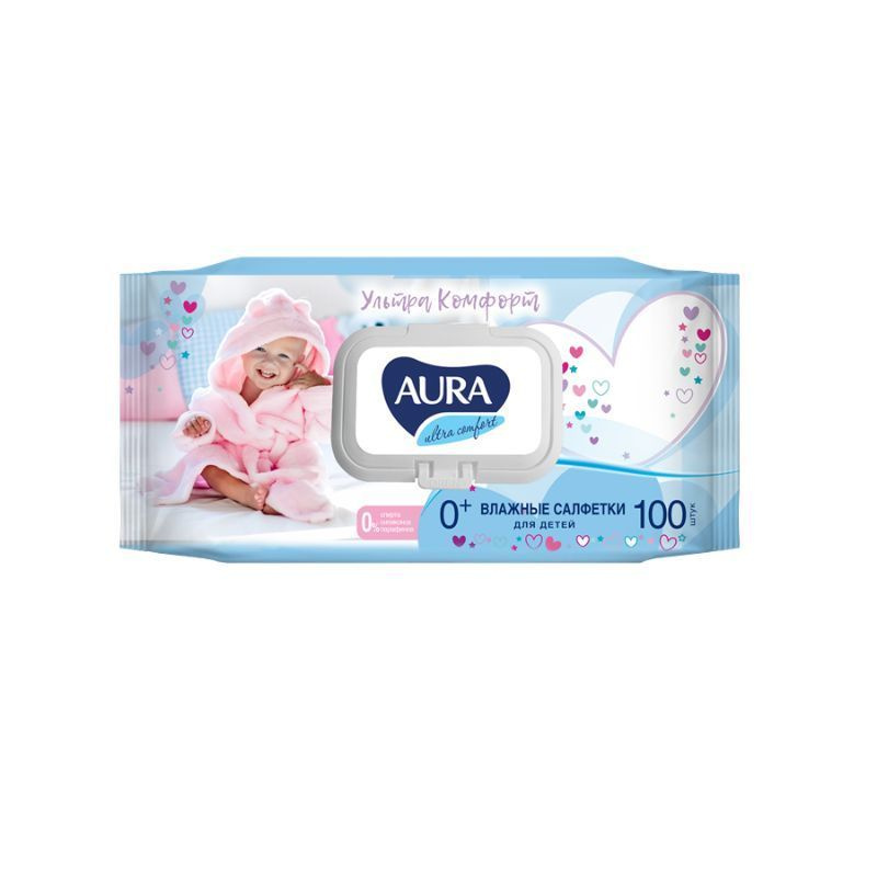 Влажные салфетки Aura Ultra Comfort, детские, в индивидуальной упаковке, 100 штук  #1