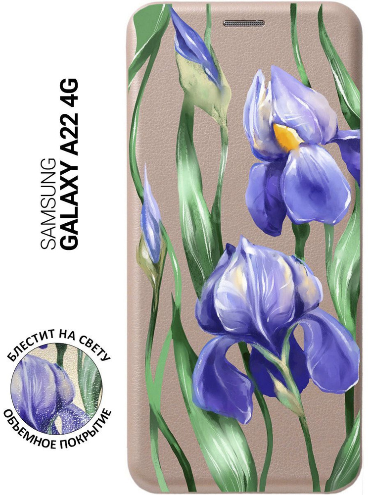 Чехол-книжка на Samsung Galaxy A22 4G / Самсунг А22 4Г с 3D принтом "Amazing Irises" золотой  #1