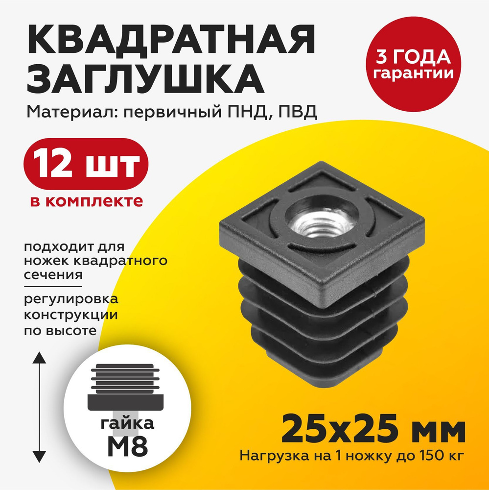 Пластиковая заглушка ножка для квадратных труб 25х25 с гайкой М8 (12шт)  #1