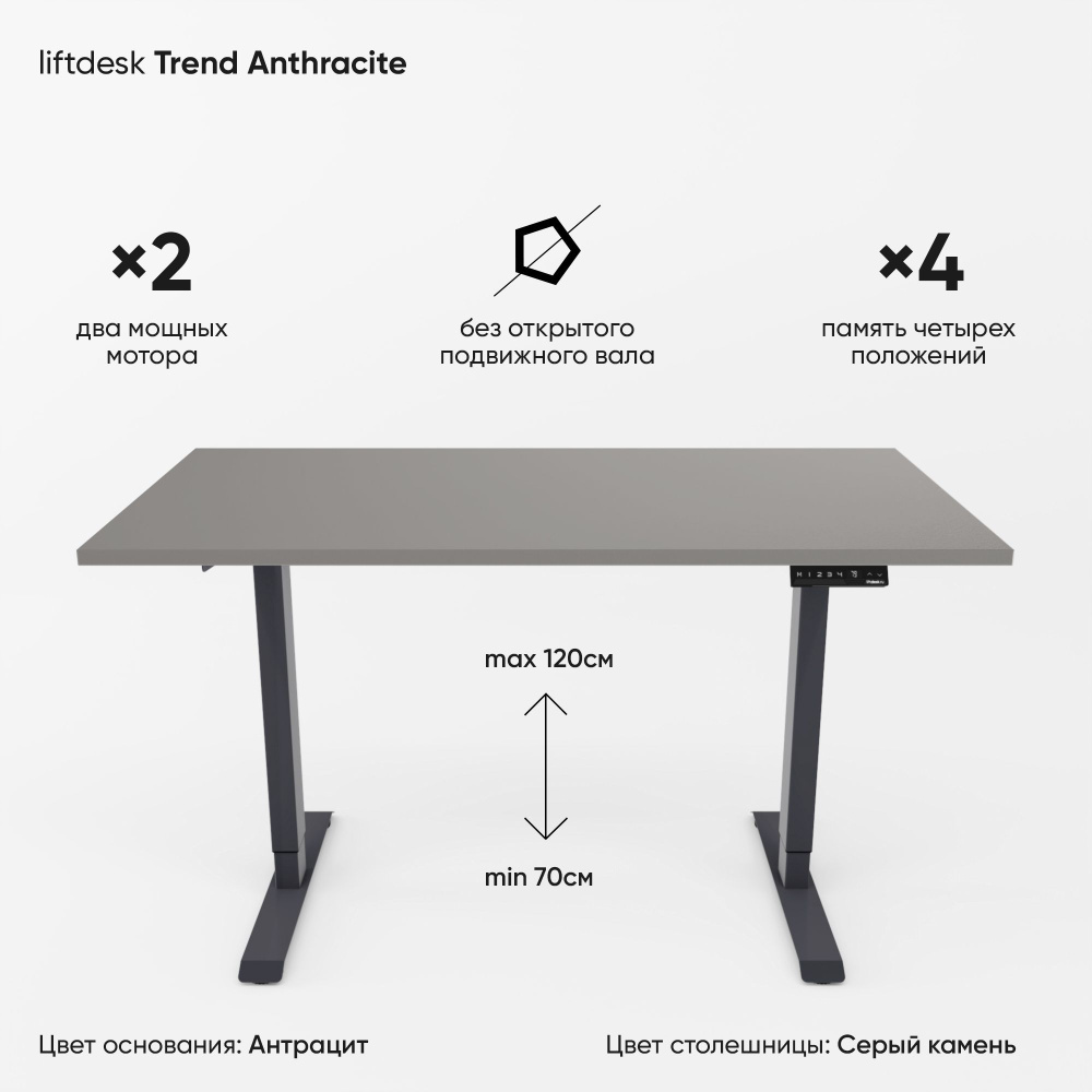 Компьютерный стол с электроприводом для работы стоя сидя 2-х моторный liftdesk Trend Антрацит/Серый камень, #1