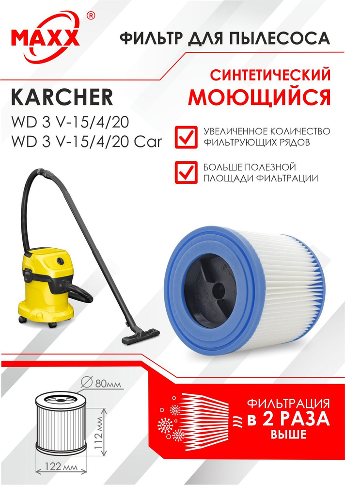 Патронный фильтр синтетический, моющийся для пылесоса Karcher WD 3 V-15/4/20  #1