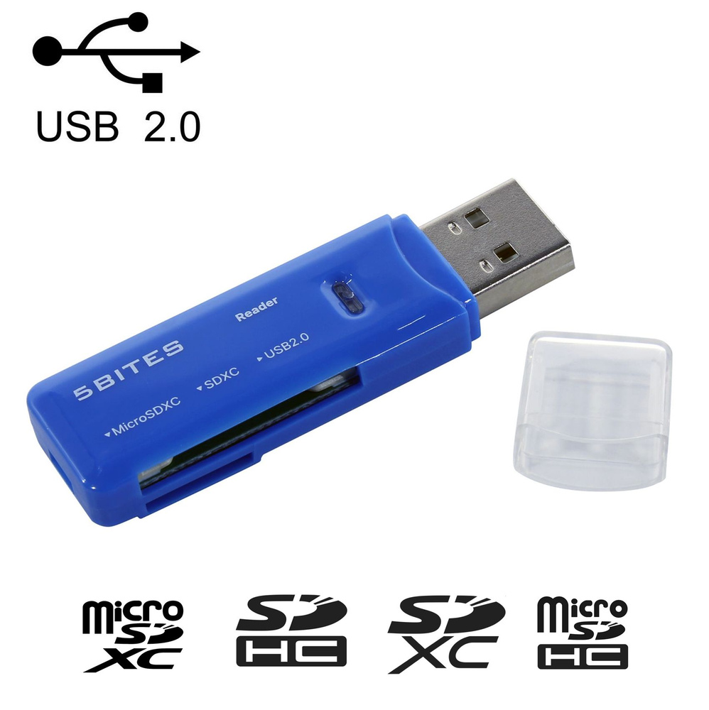 Картридер USB2.0, SD, microSD, TF, SDHC, SDXC, синий, 5bites RE2-100BL #1