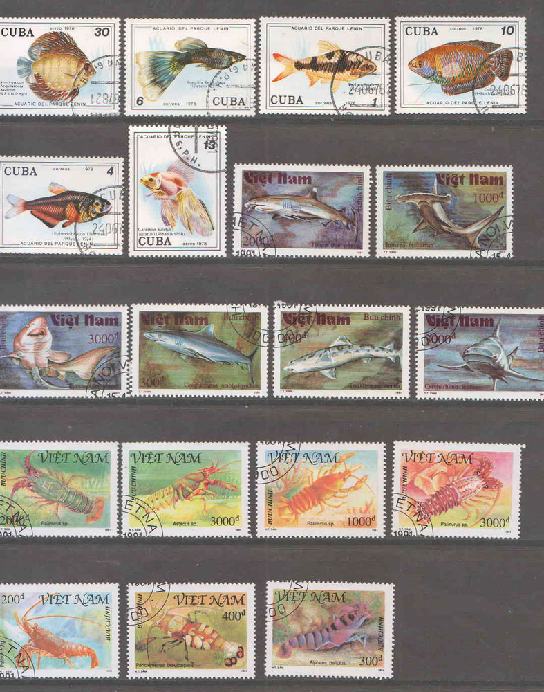Набор из 19 почтовых марок "Рыбы и акулы".Вьетнам-Куба, 1970-1980  #1
