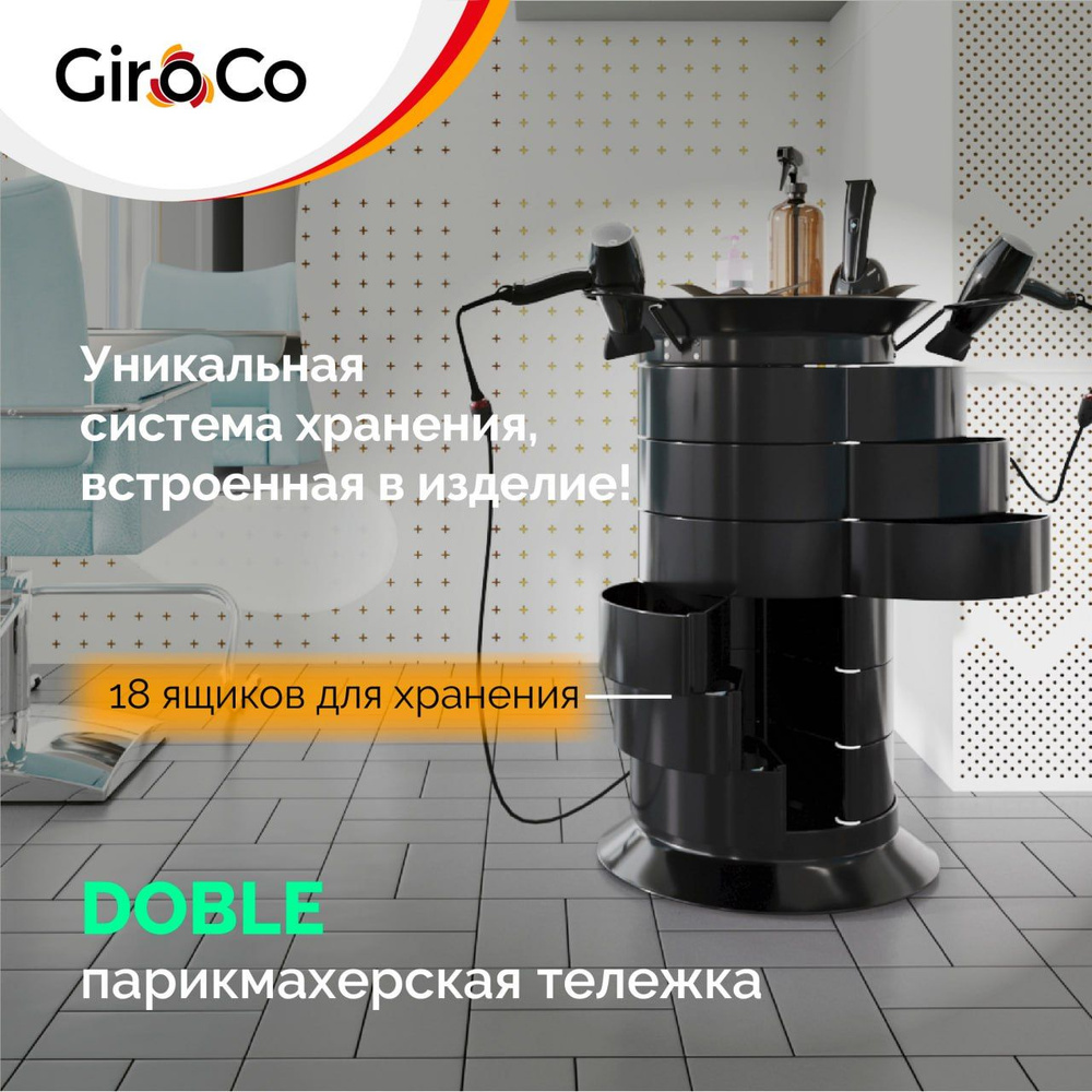 Парикмахерская тележка с 18 ящиками GiroCo Doble 49х49х83 см черная, круглая, пластиковая, выкатная на #1