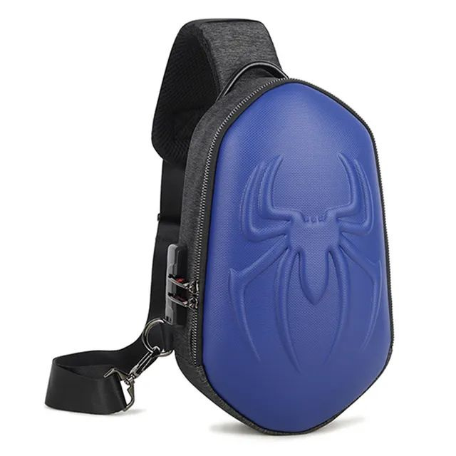 Рюкзак мужской кросс-боди через плечо с USB синяя бананка слинг с 3D Человек паук  #1