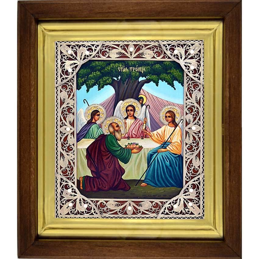 Святая Троица. Рукописная икона, украшена серебряной филигранью с жемчугом.  #1