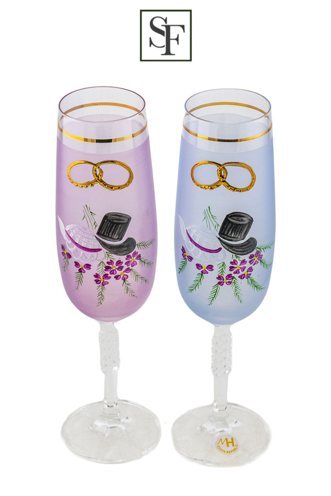 Свадебный набор из 2-х бокалов 190 мл BOHEMIA "Шляпки", матовый /голубой/розовый с лепкой, 2 шт, стекло, #1