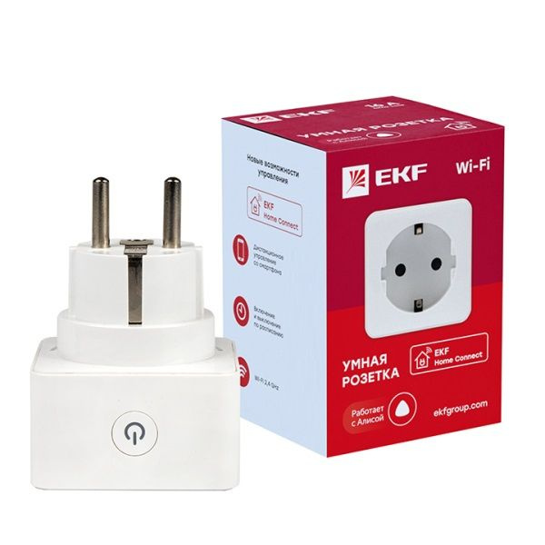 Сетевой переходник (Умная розетка) EKF Home Сonnect Wi-Fi, 16A, 230-250В, IP20, c заземлением, белый #1