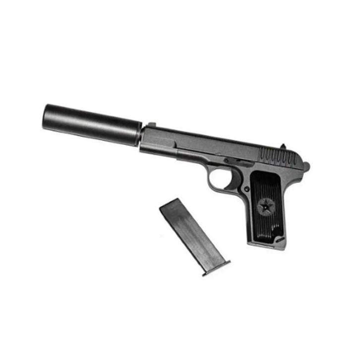 Металлический игрушечный пистолет Air Sport Gun K-113S выполнен очень реалистично и выглядит почти как настоящий. Пистолет железный и тяжелый, что создает впечатление реального оружия. У пистолета вкручивающийся глушитель, съемный магазин и удобная нескользящая рукоятка. Заряжать пистолет игрушечный нужно как настоящий, а для того чтобы выстрелить необходимо оттянуть затвор, прицелиться и нажать на курок.  Игрушечный пистолет станет отличным подарком и заинтересует мальчиков и девочек любого возраста и даже взрослых. Пистолет стреляет пульками шариками 6 мм.  Соблюдайте осторожность, не стоит целиться в людей и животных.  Приобретая пистолет в нашем магазине в подарок Вы получаете целых 500 пуль в упаковке гранате.  Пистолет с пульками упакован в плотную картонную коробку, она защитит его при транспортировке и может быть использована как подарочная упаковка или коробка для хранения игрушечного оружия.  Пистолет игрушечный - отличный подарок для мальчика, для подростка и даже мужчине на день Рождения, Новый год, 23 февраля, выпускной или просто, чтобы порадовать.