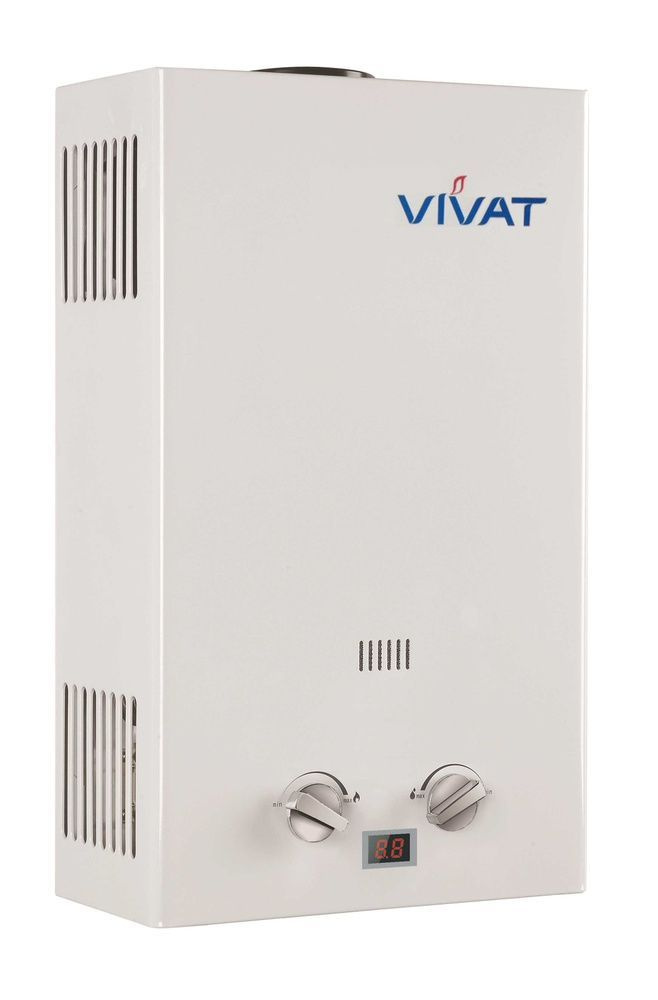Газовый проточный водонагреватель VIVAT оснащен медным теплообменником, современными системами безопасности, имеет автоматический электронный розжиг (батарейка), дисплей. Каждое издение проходит индивидуальное испытание на заводе изготовителя.