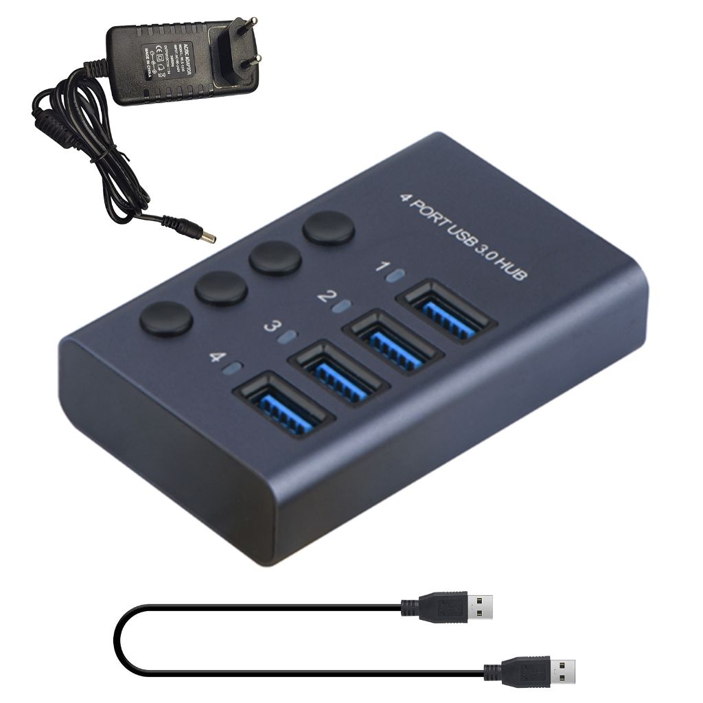 4-портовыйUSB3.0спереключателем-концентраторомблокомпитания-Вилкаевропейскогостандарта