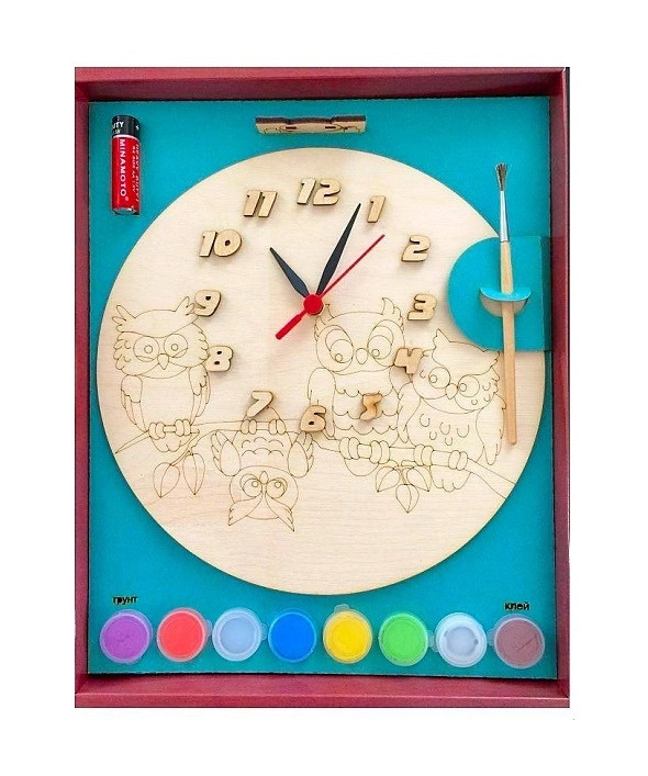 Часы с циферблатом под роспись Нескучные игры "Совы" с красками  #1