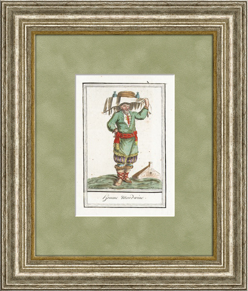Мордвин в народном костюме, старинная гравюра с ручной раскраской, 1796 г.  #1