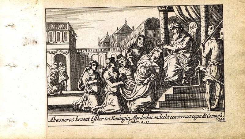 Антикварная резцовая гравюра, офорт. Ветхий Завет. Коронование Эсфири Артаксерксом. Нидерланды, 1659 #1