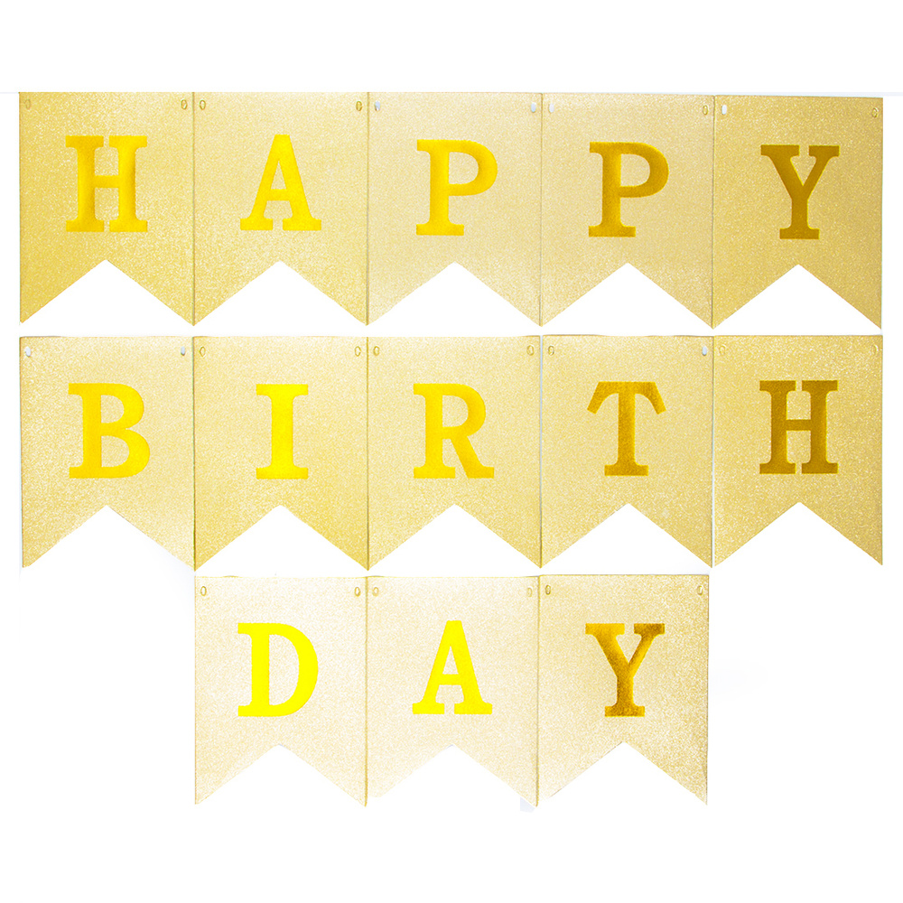 Гирлянда Флажки, Happy Birthday (золотые буквы), Золото, Металлик, 16*160 см, 1 шт. (ГирФлаг)  #1