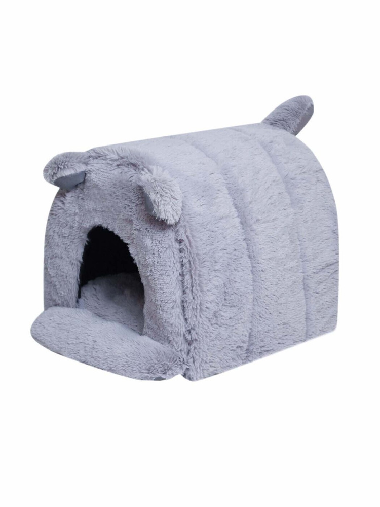 Меховой домик для кошек и собак "Собачка" с подушкой в комплекте, серый, 42*40*37 см  #1