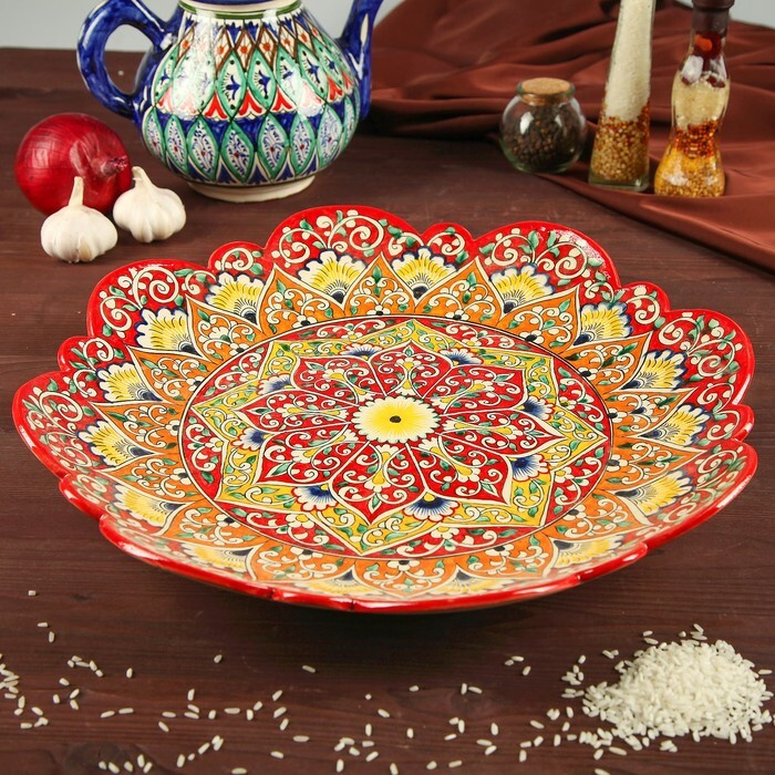 Блюдо Ляган Риштанская Керамика "Цветы", 40 см, красный микс, рифлённый  #1