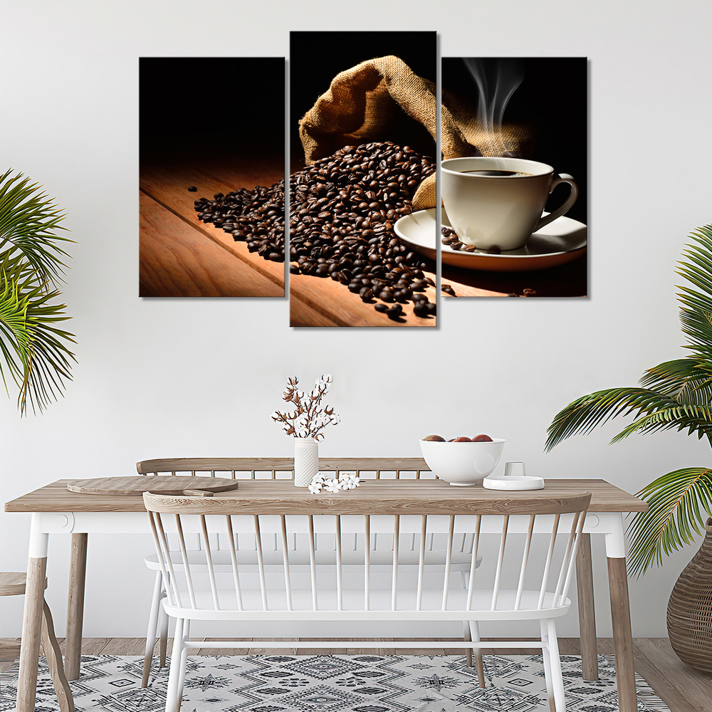 Большая модульная картина на холсте - Coffee beans and a cup/Кофейные зёрна и чашка 120х80  #1