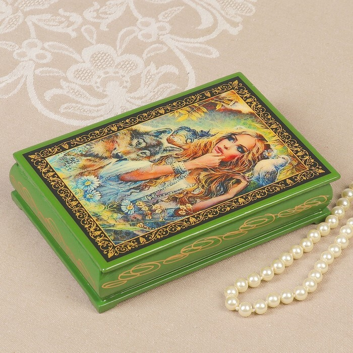 Шкатулка "Лесная дева", зелёная, 11x16 см, лаковая миниатюра  #1