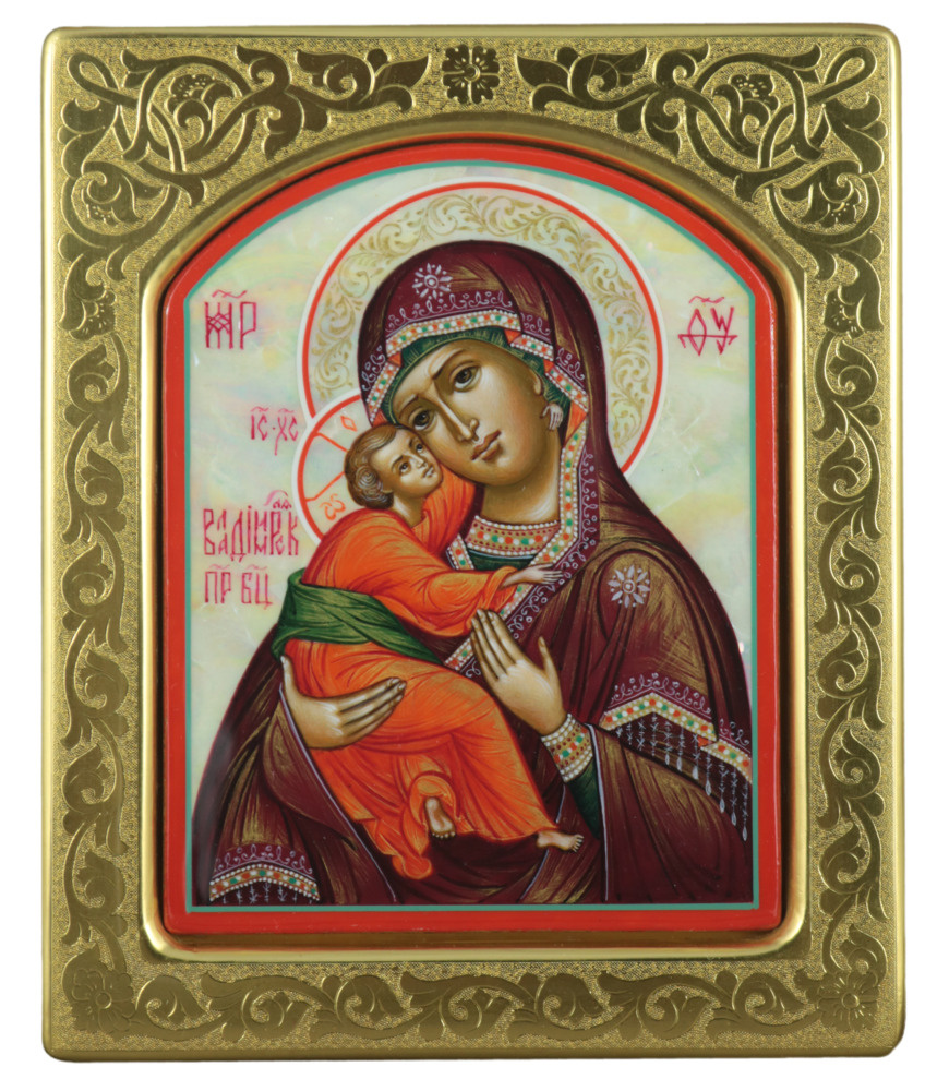Рукописная икона "Владимирская Богоматерь" на перламутре, 15*18 см  #1