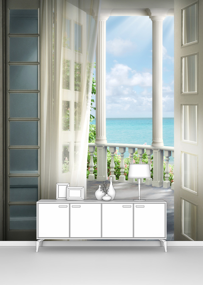 Фотообои на стену флизелиновые, окно море ПЕРВОЕ АТЕЛЬЕ "Открытый балкон террасы с выходом к морю" 200х280 #1