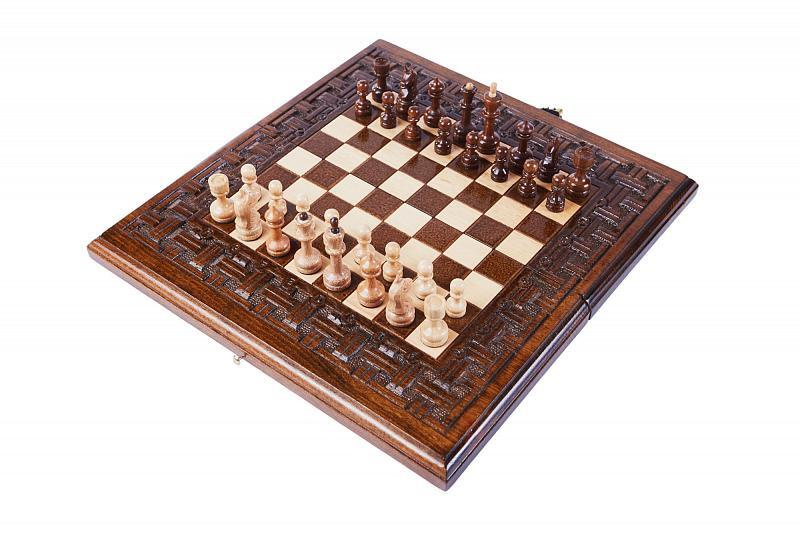 Шахматы + нарды резные Армянский Орнамент 30, Haleyan подарочные малые деревянные из бука резаные 30х30 #1