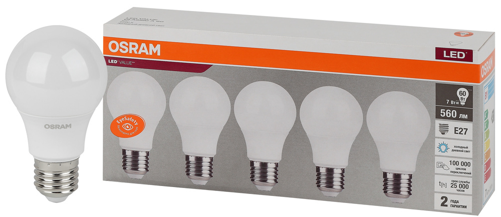 Лампочка светодиодная OSRAM, E27, 7Вт (аналог 60Вт), ГРУША (колба A), Холодный белый свет, 5 шт.  #1