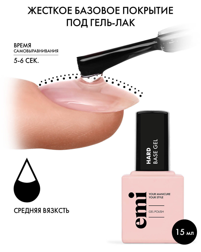 EMI База для ногтей, базовое покрытие для гель-лака, Hard Base Gel, прозрачная, жесткая, 15 мл  #1