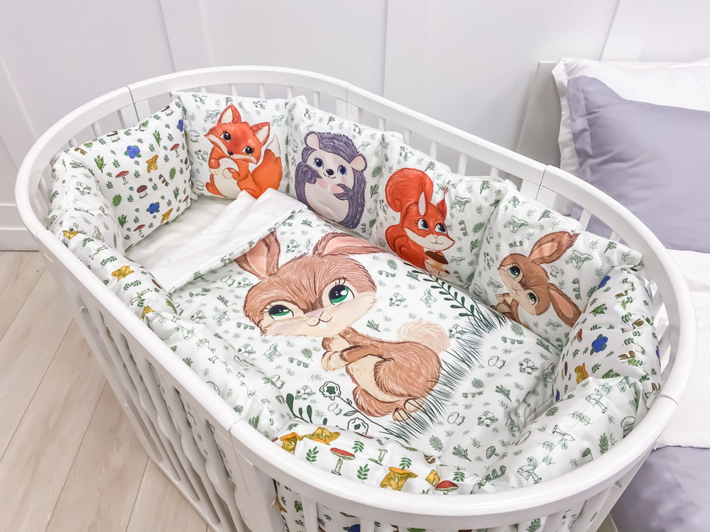 Комплект бортиков в детскую кроватку для новорожденных и малышей с постельным бельем "Лесные друзья" #1