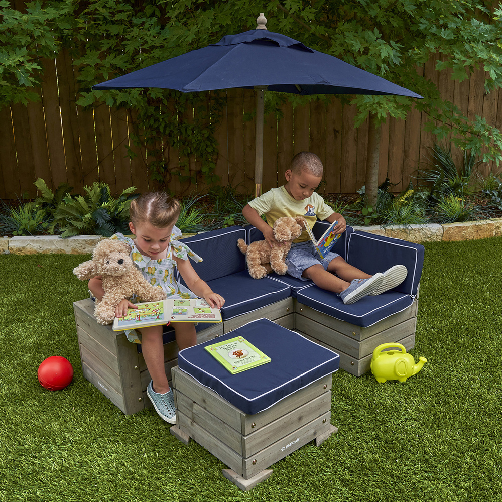 Набор садовой мебели для детей (секционный диван, пуф-стол, зонт), серо-синий  #1