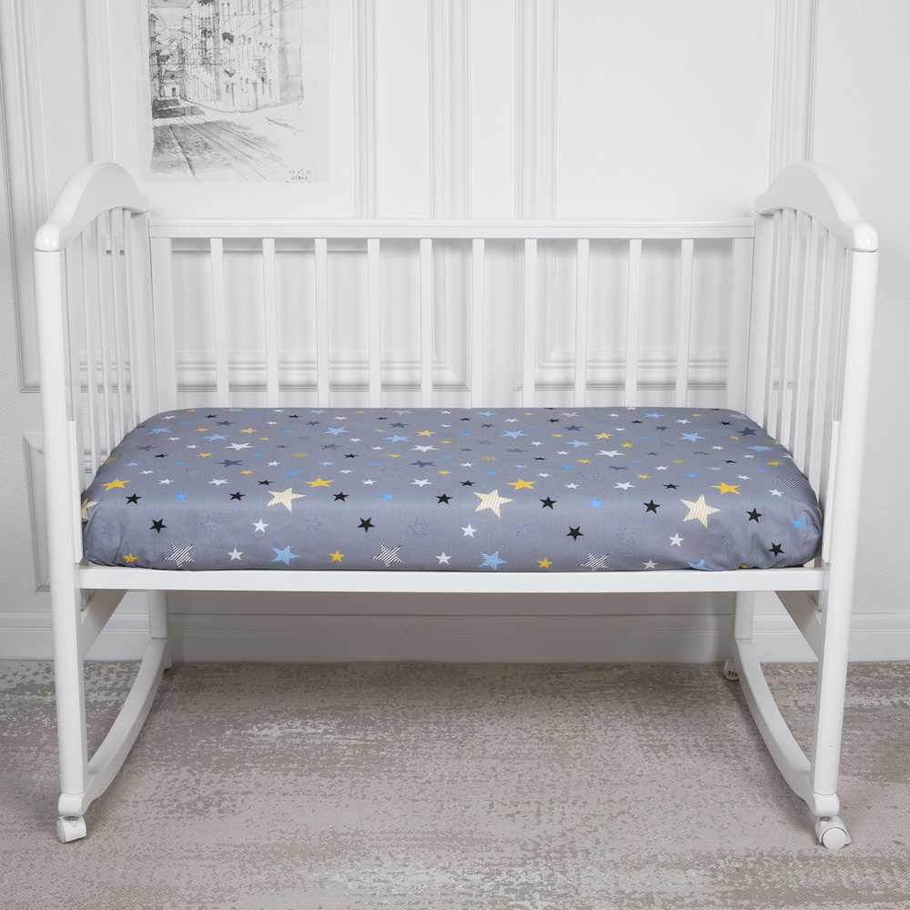 Простыня на резинке, для новорожденных, детская в кроватку 60x120 см, Звезды разноцветные, серый  #1