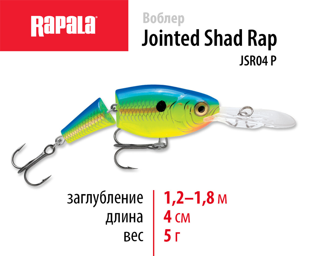 Воблер рыболовный RAPALA Jointed Shad Rap 04 цвет PRT на щуку, на судака, на окуня 4см - 5гр для спиннинга #1