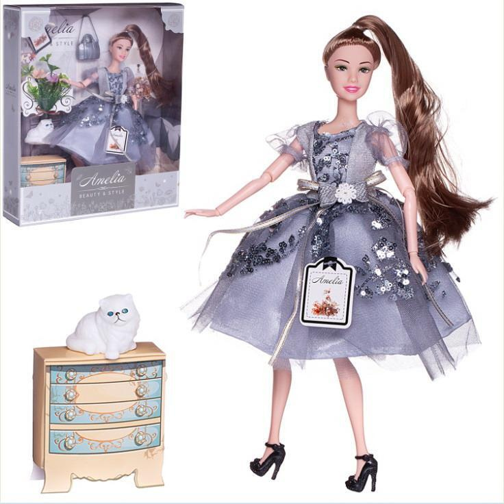 Кукла ABtoys Роскошное серебро с котенком, платье с пайетками с прозрачными рукавами фонариками, русые #1