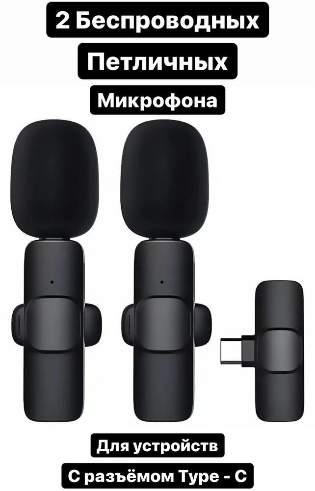 Комплект 2 микрофона / Микрофон петличный беспроводной Type-C для смартфона, планшета, ноутбука, фото #1
