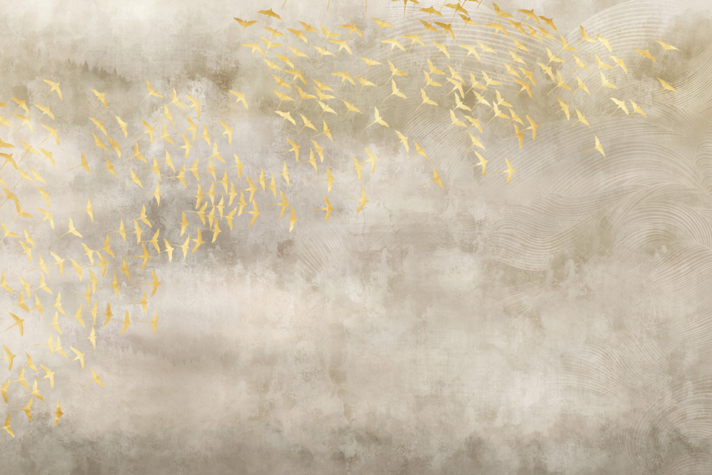Фотообои флизелиновые на стену 3д GrandPik 52423 Лофт "Стая золотых птиц" (ШхВ), 450х300 см  #1