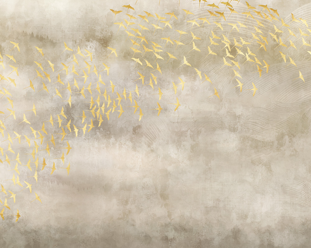 Фотообои флизелиновые на стену 3д GrandPik 52423 Лофт "Стая золотых птиц" (ШхВ), 300х240 см  #1