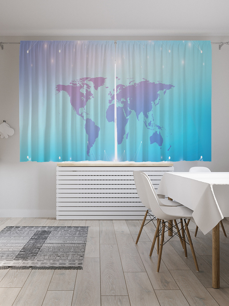 Фотошторы для кухни и спальни JoyArty "Карта мира и звёзды", 2 полотна со шторной лентой шириной по 145 #1