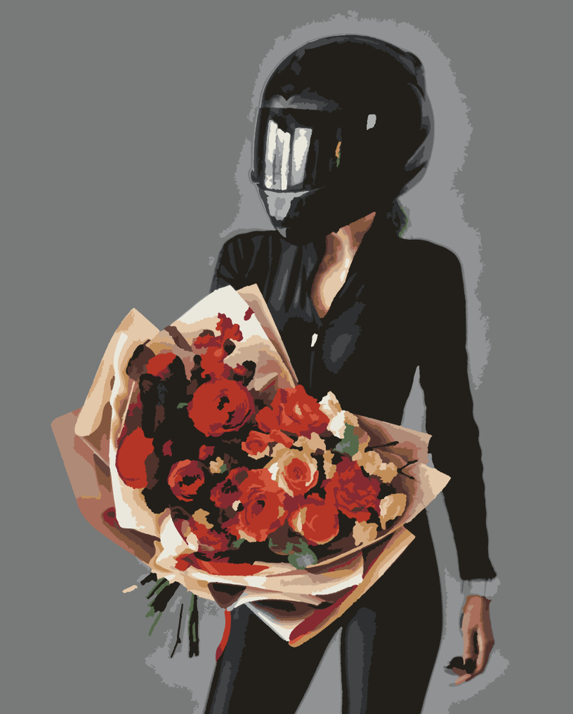 Картина по номерам на холсте и подрамнике 40х50 см. Мотоциклистка. Девушка с розами. Девушка с цветами. #1