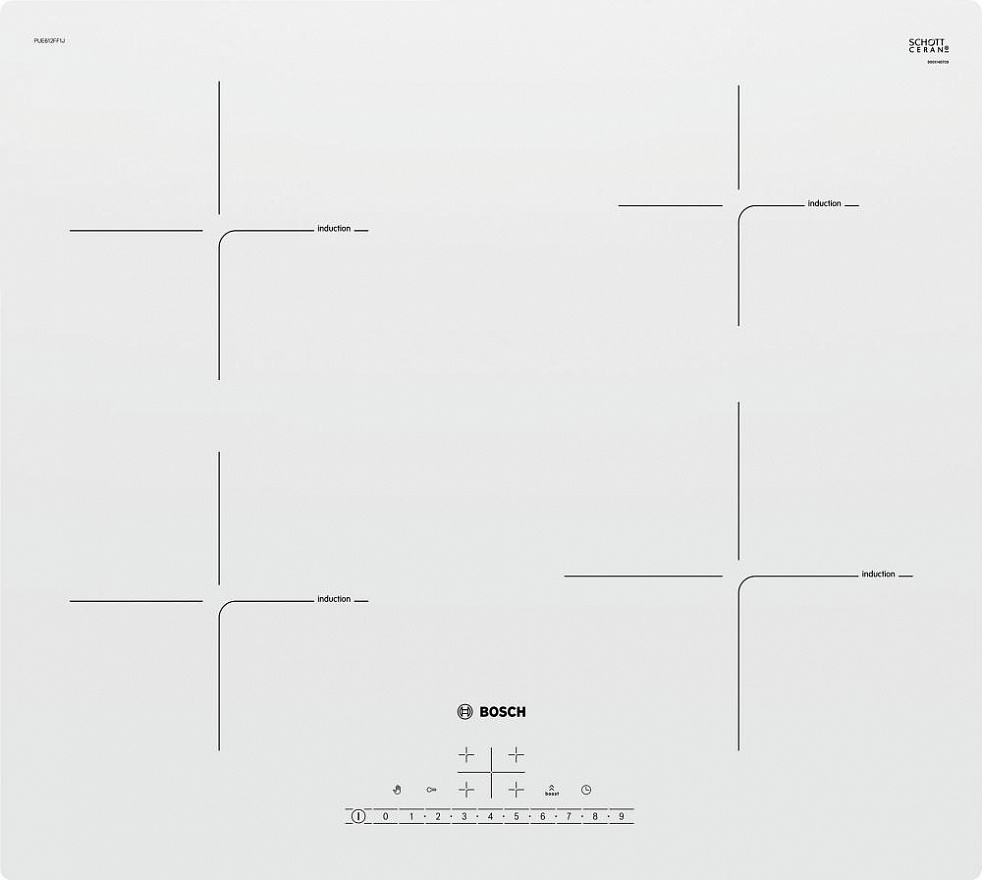 Встраиваемая индукционная панель Bosch PUE612FF1J Serie 6, независимая, 4 конфорки, 17 уровней, белая #1